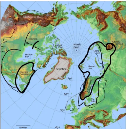 Fig. 2. The geological and geomorphological constraints (ice margin outlines) that were used in modeling paleotopography for glacial maxima during MIS 5b (heavy solid line) and 4 (thin solid line)
