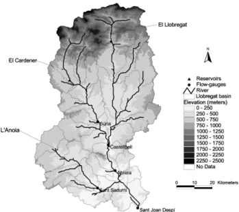 Fig. 3. Digital terrain model of the Llobregat river basin with a cell size of 50 m. It displays the basin segmentation, main tributaries, stream-gauges (circles) and reservoirs (triangles).