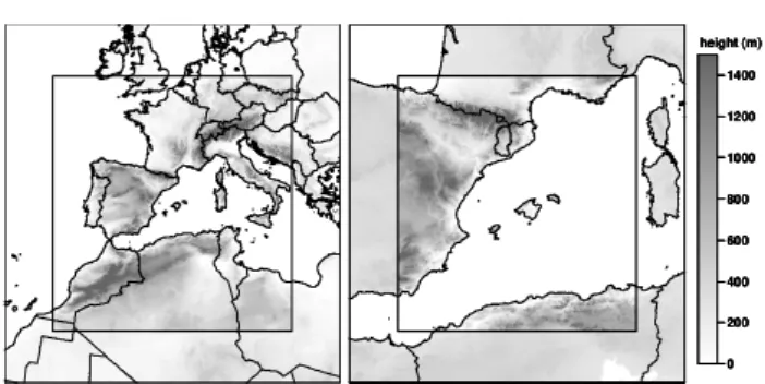 Fig. 7. Configuration of the two computational domains used for the MM5 numerical simulations (inner squares, with horizontal  res-olutions of 22.5 and 7.5 km for left and right, respectively)