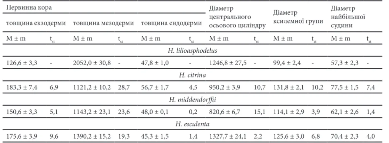 Table 1. Separated features of root anatomical structure of daylilies, µm.