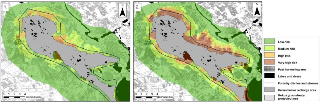Fig. 4. Groundwater exfiltration risk analysis maps for Rokua with different data sets