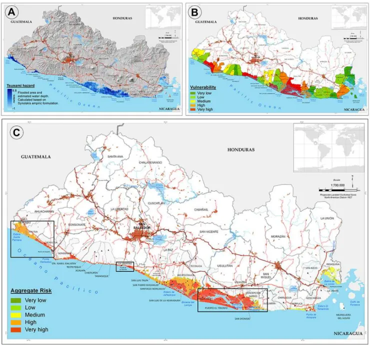 Figure 5. National tsunami risk assessment in El Salvador: (a) hazard assessment: flooded area and water depth results; (b) vulnerability as- as-sessment by municipality including the human, environmental, socioeconomic and infrastructural dimensions; (c) 