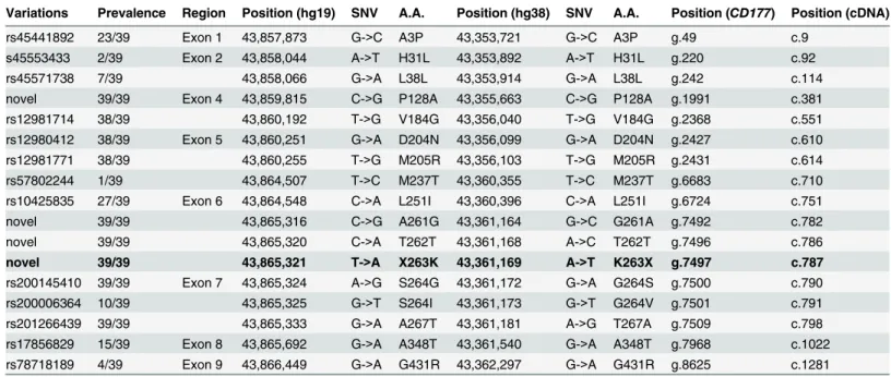 Table 1. List of 17 protein-coding variations showed their incidence, genomic location, polymorphisms and alteration in amino acids (A.A.) in GRCh 37 (hg19) and updated version GRCh38 (hg38).