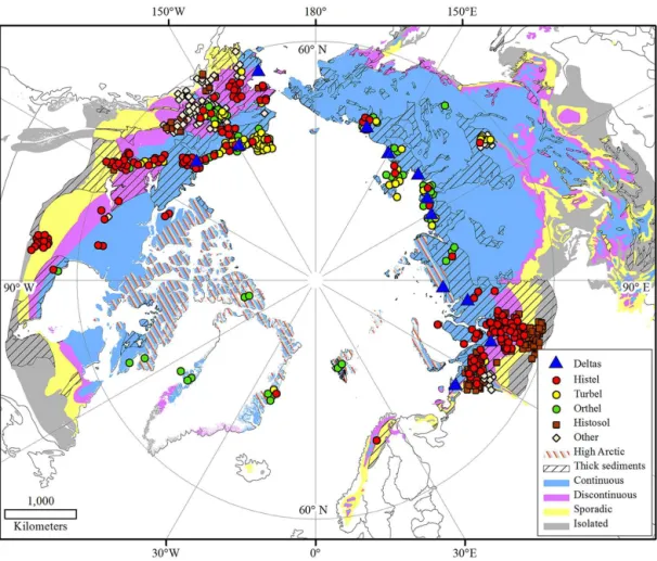 Figure 1. Geographical distribution of regions with thick sedimentary overburden and permafrost zonation in the northern circumpolar permafrost region (Brown et al., 2002)