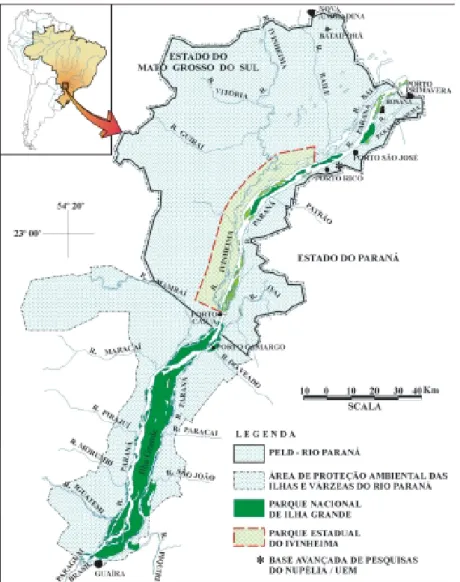 Figura 01 - Localização da Área de Pesquisas de Longa Duração da planície alagável do rio Paraná  (APELD - Rio Paraná) e localização das unidades de conservação existentes nessa região