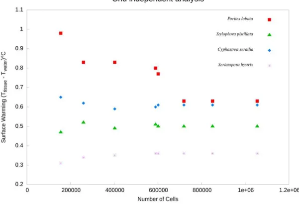 Figure 4. Comparisons of simulated and experimental surface warming of corals. Coral surface warming is given as a deviation from the ambient water temperature (26uC) under a constant inflow condition (0.002 m s 21 ) and direct solar irradiances