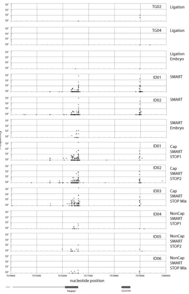 Figure 7. Frequency distribution of mapped sequence reads on the Drosophila melanogaster genome (Release 5) between nucleotide positions 7574000 and 7580000 on chromosome 2L