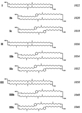 Figure 2. Molecular structures of bGDGTs and the mass to charge ratios of protonated molec- molec-ular ions (after Weijers et al., 2007a).