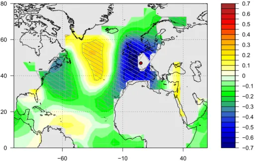 Fig. 5. Correlation of the GHD series (Chuine et al., 2004) with the sea surface temperature from 1856 to 2003 (Kaplan et al., 1998) in summer (JJA)