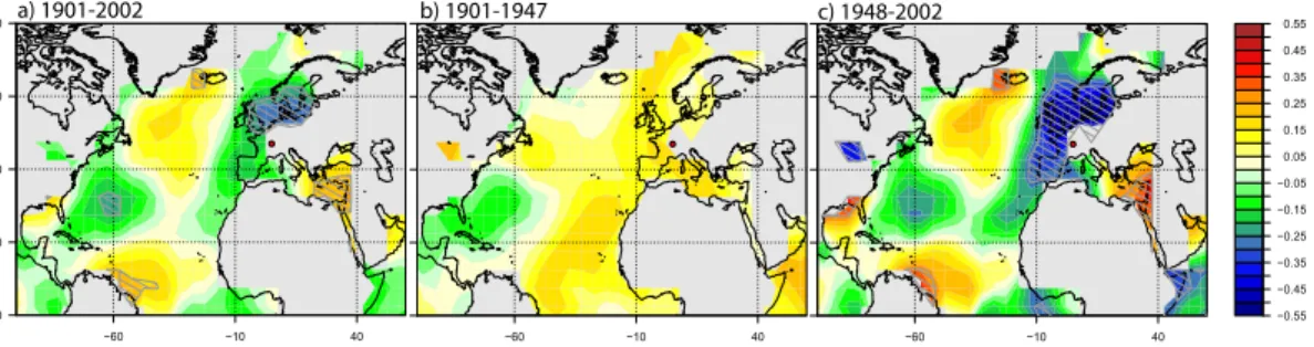 Fig. 9. Correlation of the GHD series with the SST from Kaplan et al. (1998) in winter (DJF).