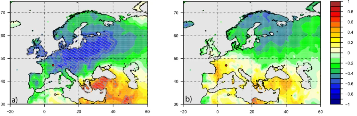 Fig. 10. (a) Correlation of the GHD series with the winter near surface temperature (Mitchell et al., 2003)