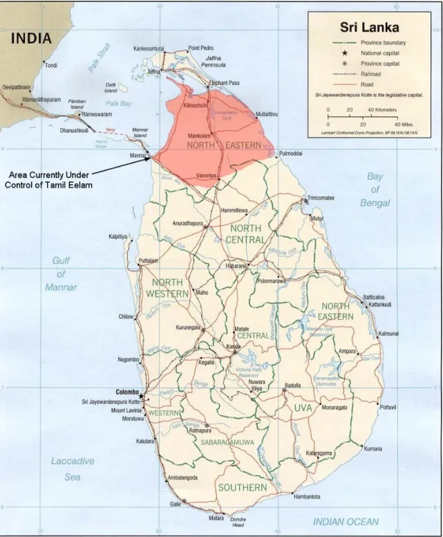 Figura 2 - Mapa do Sri Lanka com as áreas Tamil Eelam  