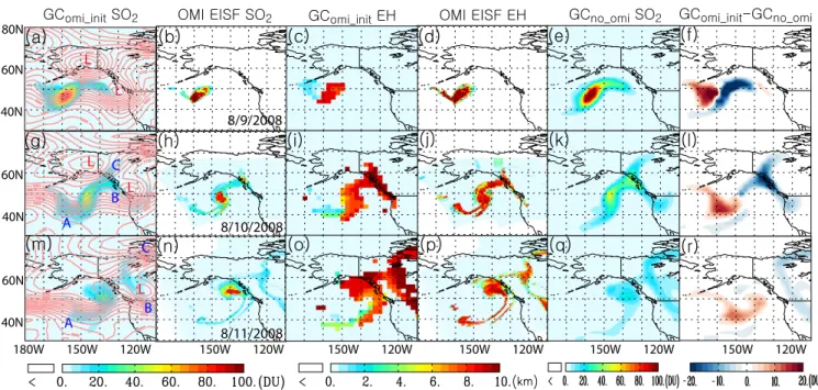 Fig. 2. (a) and (c): distribution of SO 2 column amount (in DU) and effective height (EH) (in km) of SO 2 on 9 August 2008 as simulated by GEOS-Chem (GComi init) with model initiation of OMI EISF retrieved SO 2 on 8 August 2012; (b) and (d): the respective
