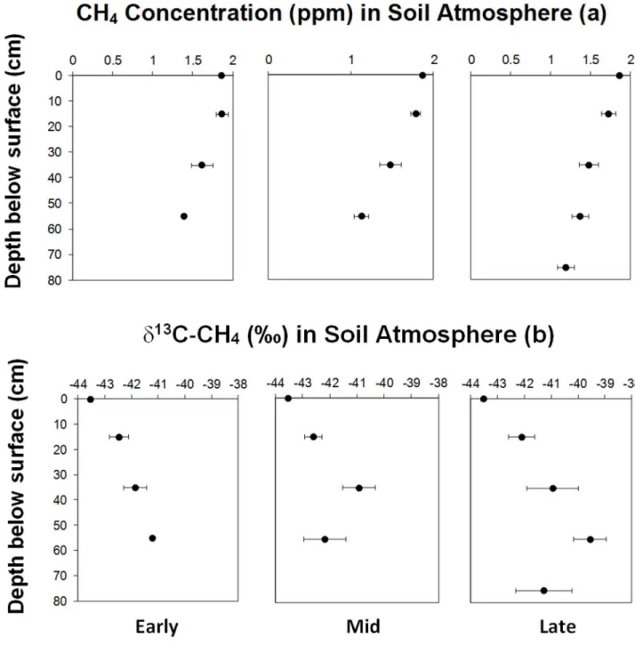 Fig 3. Mean in situ concentration depth profiles of CH 4 (a) and distribution of δ 13 C-CH 4 (b) in boreal forest soils