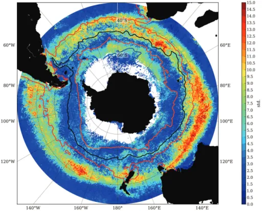 Fig. 3. Inter-annual variability (standard deviation over the 9 yr) in phytoplankton bloom initiation dates in the Southern Ocean south of 30 ◦ S