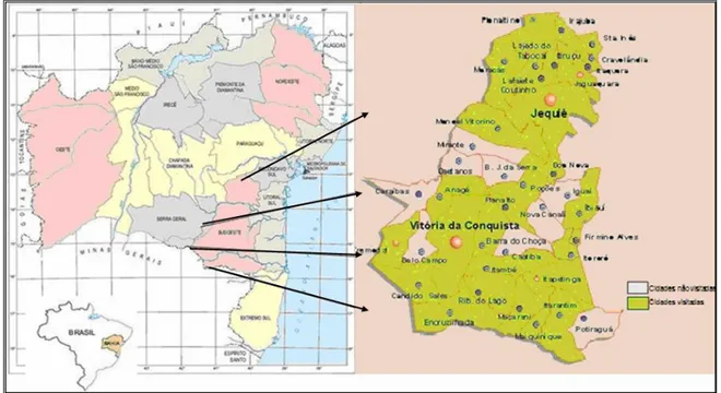Figura 1: Mapa do estado da Bahia com destaque para a região Sudoeste. Na cor  verde, municípios onde foram realizadas as entrevistas