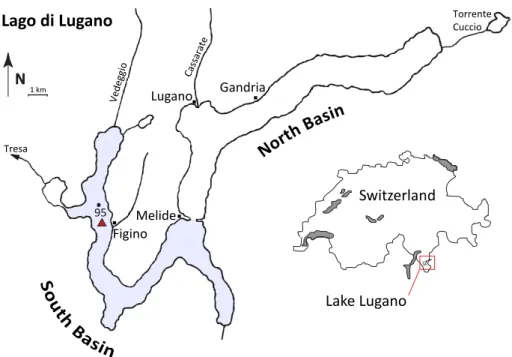 Fig. 1. Location and map of Lake Lugano. The sampling station (red triangle) is located west of the village of Figino (SB), close to the point of maximum depth (modified from Barbieri and Polli, 1992).