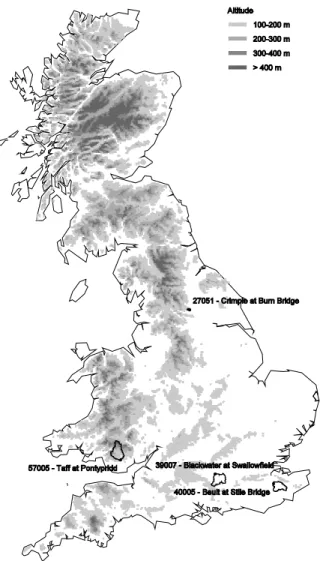 Fig. 8. Location of the four catchments for which the G2G model has been calibrated with reference to observed flows.