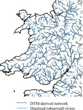 Fig. 6. Map of Wales comparing DTM-derived river networks at a 1km resolution with digitised (observed) river networks.