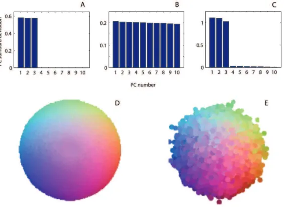 Figure 8. Reconstruction of the color map. A: original PC standard deviations in d = 10