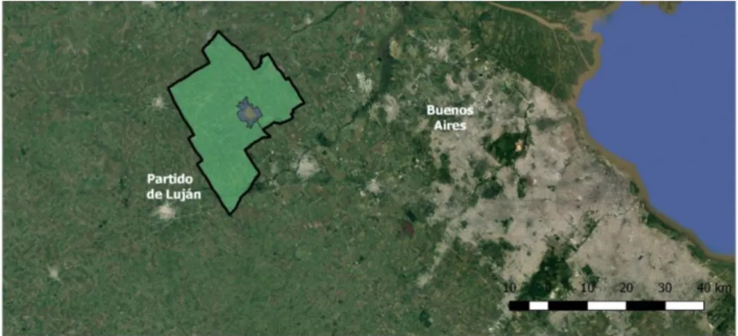 Figura 1: Zonificación del Partido de Luján y su situación respecto al AMBA. 