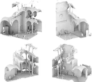 Figure 10. The difference in density between the capital  represented by the entire courtyard point cloud (69,000 points)  using 15-mm optics and the capital extracted with detail photos 