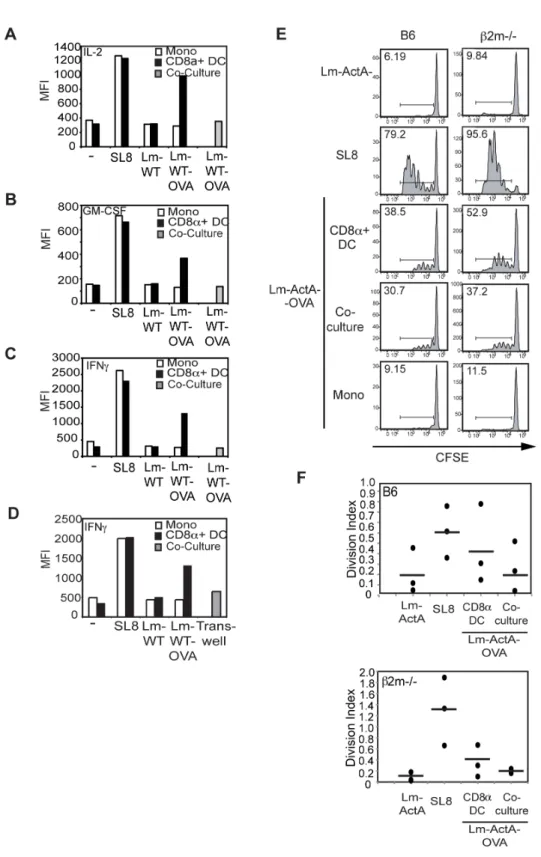 Figure 4. Priming of T cells by APC co-cultures is attenuated in vitro and in vivo . Sorted CD8a + DCs and monocytes were infected with Lm- Lm-WT or Lm-Lm-WT-OVA at an MOI of 1 either individually or together in co-cultures