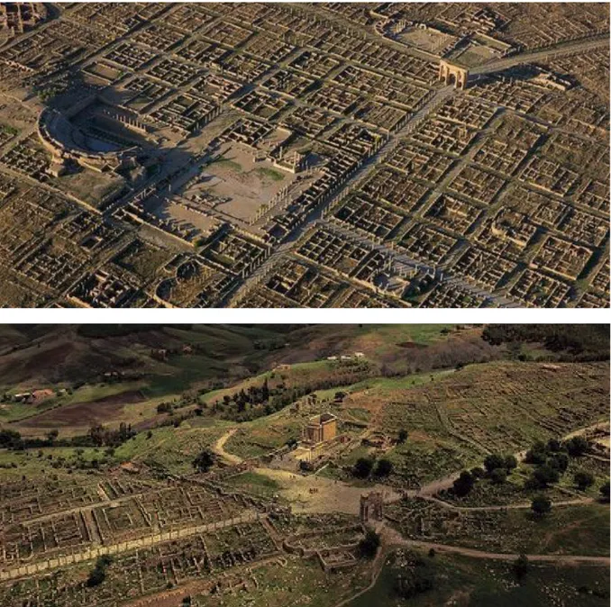 Figura 3. Cidade-ruína de Timgad, Argélia (em cima). Figura 4. Cidade-ruína de Djemila, Argélia.