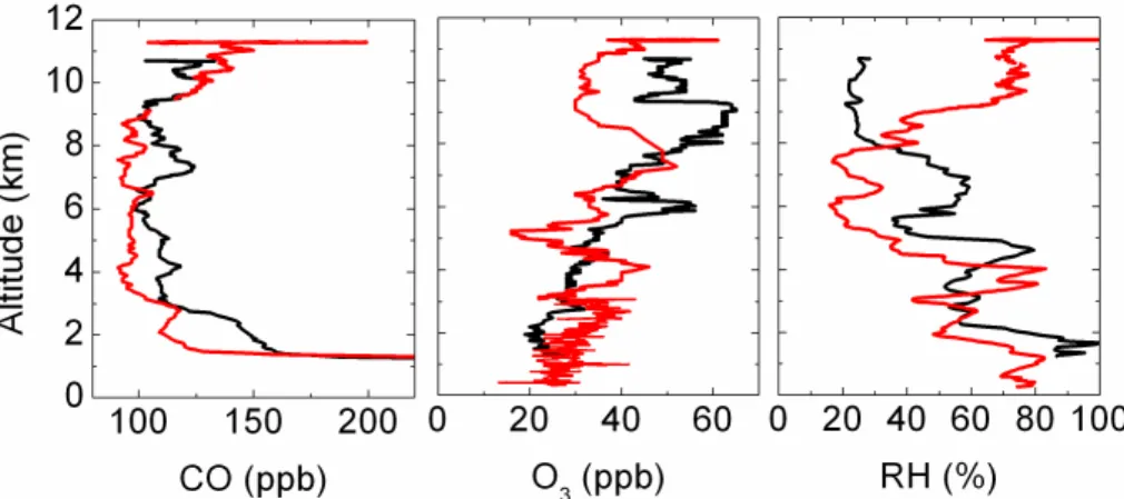Fig. 4. Vertical profiles of CO, O 3 and RH used as convection indicators. Black lines (13 August flight) are typical variation in non-convective conditions