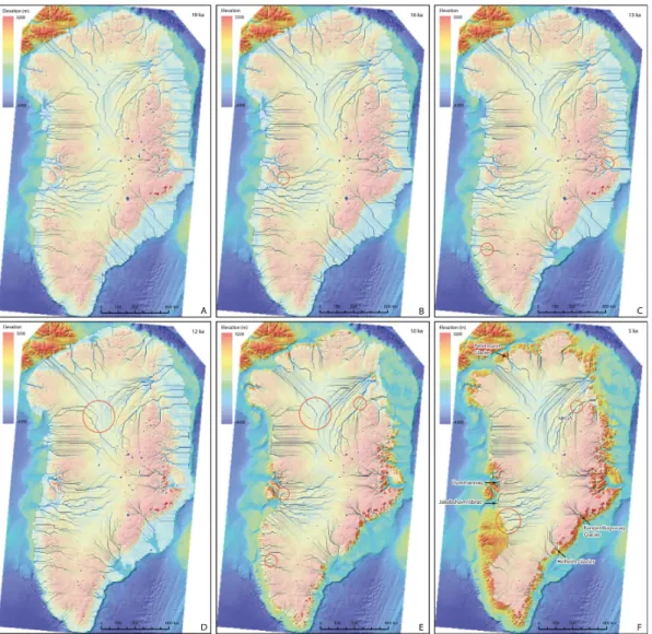 Fig. 6. Simulated drainage networks and subglacial lakes for six time slices (A–F) through the evolution of the GrIS since the LGM