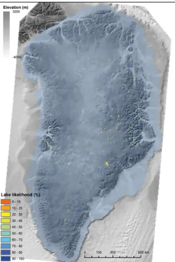 Fig. 8. (A) Scatter graph showing the predicted total subglacial lake area vs. the area of the GrIS and colour-coded according to time slice (ka); and (B) the fraction of the grounded ice-sheet bed  oc-cupied by subglacial lakes vs