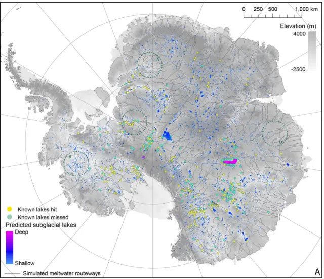 Fig. 1. Simulated subglacial drainage pathways and subglacial lakes beneath the AIS. (A) Warm-based thermal regime