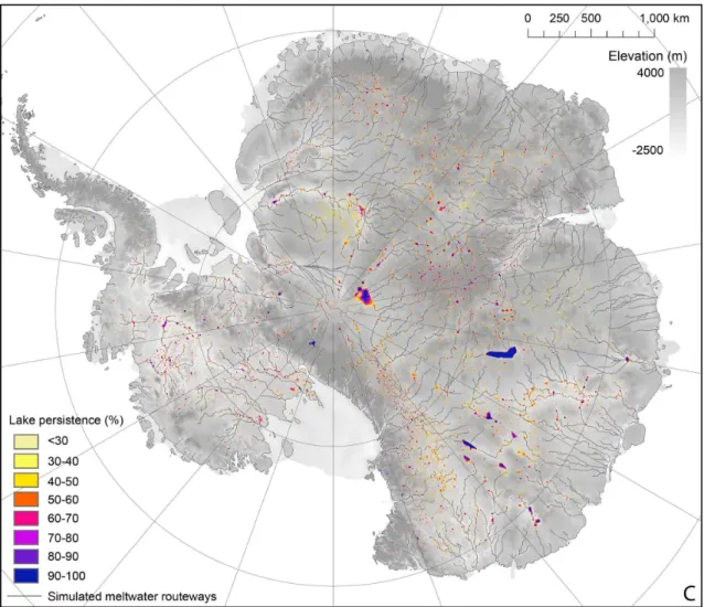 Fig. 1. (C) Subglacial lake persistence in response to 50 random bed elevation perturbation experiments, using a normal distribution with a standard deviation equal to the vertical bed elevation uncertainty