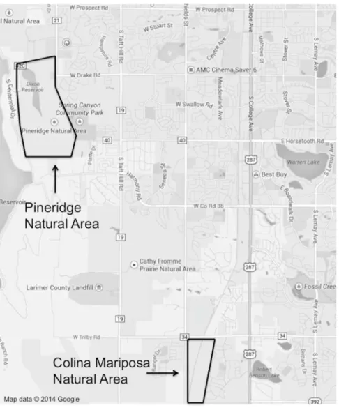 Figure 1 A map of Fort Collins with the locations and extent of the two study sites outlined