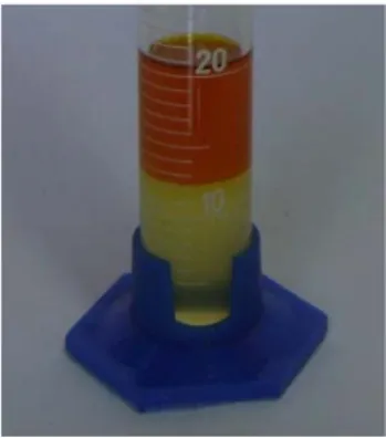 Figura 4: Proveta com o resultado do experimento; na camada superior, coloração alaranjada (fase orgânica -  gasolina) e na camada inferior (fase aquosa), coloração amarela