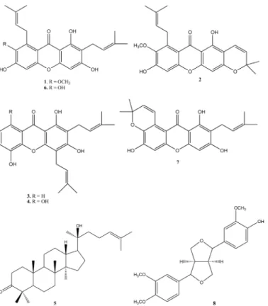 Fig 1. Compounds isolated from of Tetragonula laeviceps propolis. α-mangostin 1, mangostanin 2, 8-deoxygartanin 3, gartanin 4, γ-mangostin 6 and garcinone B 7