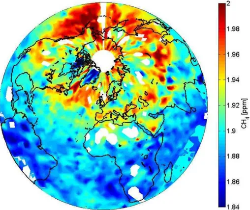 Fig. 7. Methane global distribution express in averaged vmr (ppm) and interpolated on a 2 ◦ ×2 ◦ grid containing nadir measurements from 4 to 10 October 2008.