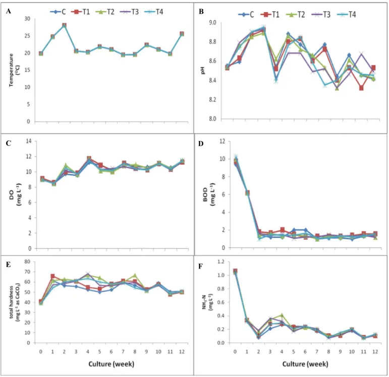 Figure 3.   Water quality of  Cladophora sp. (Kai) culture: water temperature (A),  pH (B),  DO (C),    BOD (D), total hardness (E), and NH 3 -N (F) ( C  = control group, T1 = treatment 1, T2 = treatment 2,  T3 = treatment 3, and T4 = treatment 4)     