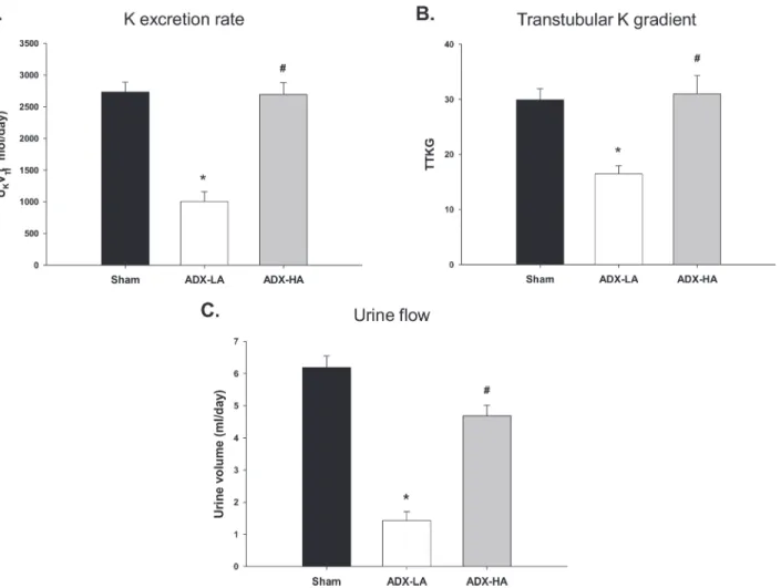 Figure 2. The effects of ADX and aldo replacement on K balance of LNaHK mice. (A) The rate of urinary K excretion (U K V; * P < 0.001 vs