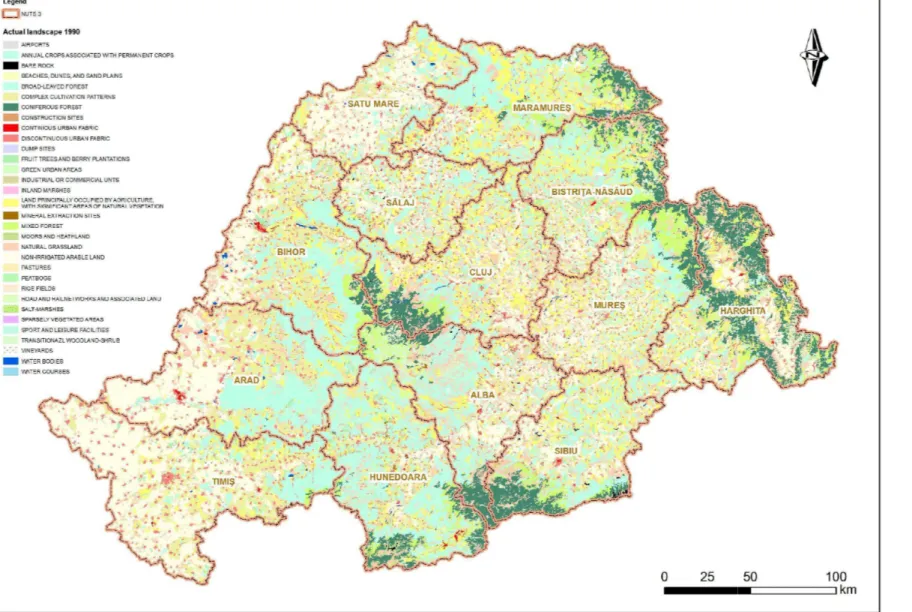 Figure 2. The land use structure in the Romanian part of Tisa catchment area according to the 1990 edition of CORINE Land Cover 