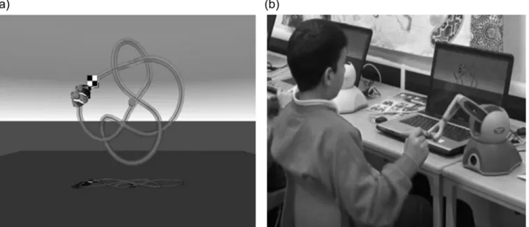 Fig 1. Set-up of the robotic arm system. The child traces around a 3-D path represented on the laptop screen (a), using the pen attached to the robotic device (b).