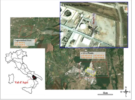 Figure 2. Framework of the COVA site, highlighted by the yellow box (adapted by Google Earth ® ); the red boxes represent the MODIS pixels position in the re-projected grid covering the COVA and the unperturbed area used in the analyses (see text); on the 