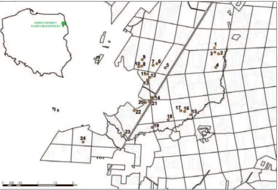 Figure 1. Location of the sampling plots in the Puszcza Knyszyńska forest. For speciications, see Table 1.