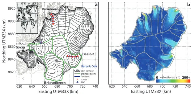 Fig. 1. Topographic and dynamic characteristics of Austfonna. (a) Surface topography of Austfonna with 50 m elevation contours according to a new DEM by Moholdt and K¨a¨ab (2012)