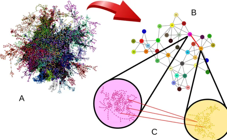 Fig 1. Graph representation of the Western US power grid (A), one possible module representation (B), and the internal structure of nodes and edges inside two selected modules, plus edges connecting nodes between the two modules (C).