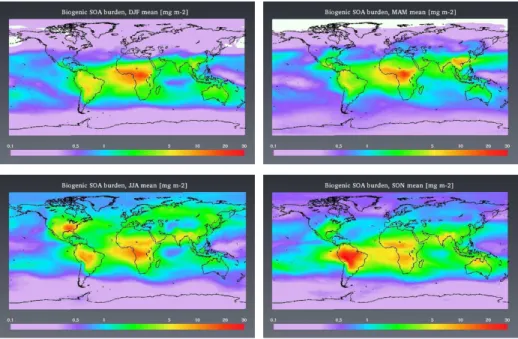 Fig. 4. Seasonal mean biogenic SOA burdens.