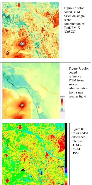 Figure 6: color  coded DTM  based on single  scene  combination of  TanDEM-X  (CoSCC)  Figure 7: color  coded  reference  DTM from  survey  administration  from same  area as fig