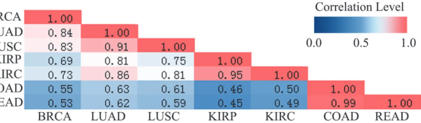Fig 2. The correlation of seven cancers The pink stood for high correlation coefficient, yellow stood for middle correlation coefficient and green stood for low correlation coefficient
