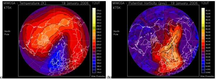 Fig. 3. Maps of the temperature and Vorticity on 19 January at 12:00 UT. Temperatures are given in K (a) and Potential Vorticity is given in PVU (b) on the 475 K isentropic level