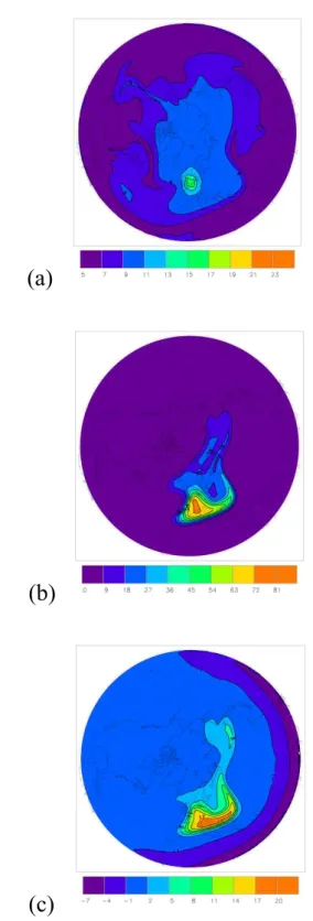 Fig. 4. Maps of PSC, Chlorine activation, and associated ozone loss estimated with numerical simulations